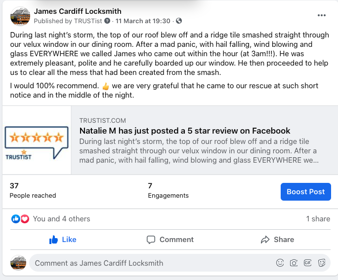 During last night’s storm, the top of our roof blew off and a ridge tile smashed straight through our velux window in our dining room. After a mad panic, with hail falling, wind blowing and glass EVERYWHERE we called James who came out within the hour (at 3am!!!). He was extremely pleasant, polite and he carefully boarded up our window. He then proceeded to help us to clear all the mess that had been created from the smash. I would 100% recommend.we are very grateful that he came to our rescue at such short notice and in the middle of the night.